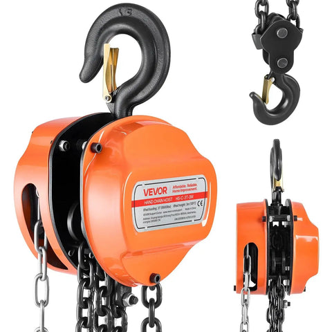 3 Ton Hand Chain Hoist With 6600 Lbs Capacity And 10 Ft Lift Height Heavy Duty, orange casing, steel chain, dual hooks