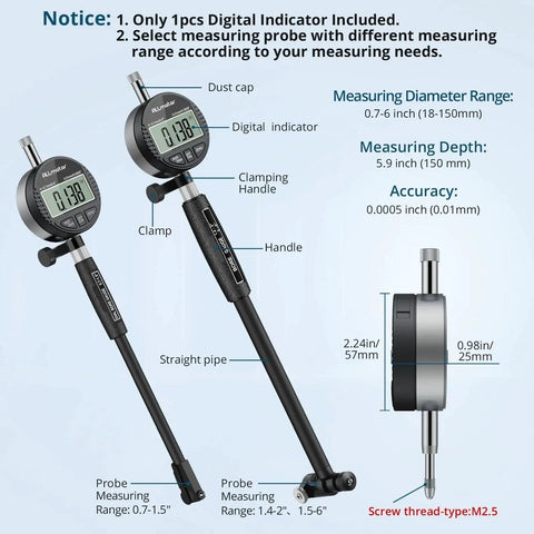 Dial Bore Gauge With 0.7 To 6 Inch Range And 6 Inch Measuring Depth, showing digital indicator and clamping handle
