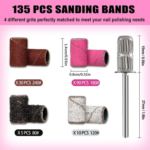Pro Nail Drill Sanding Bands Set 135 Pcs For Nail Techs Mixed Grit 80 120 180 240 Fine Grit with mandrel, varying sizes, side view.