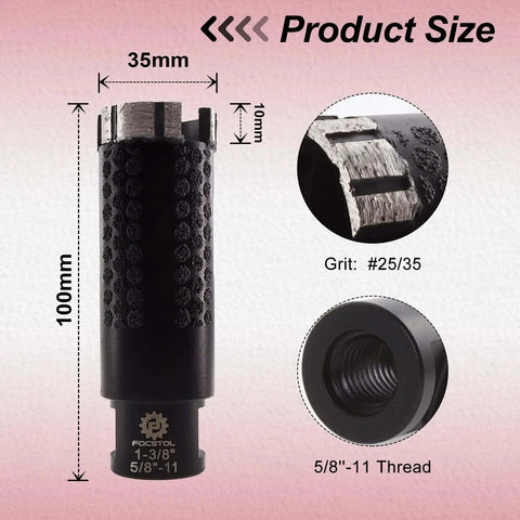 Premium Diamond Core Drill Bit For Dry Or Wet Drilling, 1 3 8 Inch Diameter, Laser Welded Hole Saw, 5 8 Inch Thread 11, For Granite Marble Concrete Quartz, Pro Grade Durable Grit 25 35, FOCSTOL, showing dimensions and thread detail.