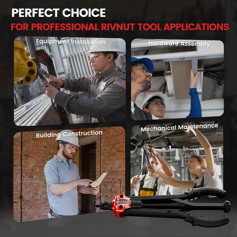 Rivet Nut Tool Kit With 16 Inch Heavy Duty Rivet Nut Tool 12 Mandrels Metric And SAE 230 Nuts Wrench Gloves Carrying Case Auto Release Nut Design For Automotive Construction And DIY Projects in use for various applications