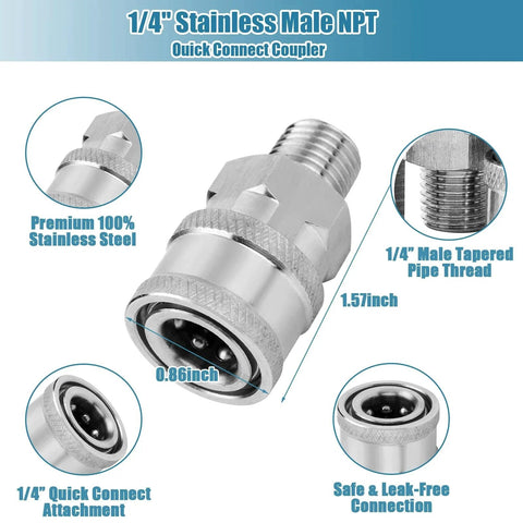 Stainless steel quick connect coupler for pressure washers with 1/4 inch NPT thread, male fitting, shown from multiple angles.