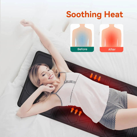 Woman relaxing on Full Body Massage Pad For Bed with 10 Vibration Motors and 5 Massage Modes, Heated Mattress Pad for Back and Whole Body.