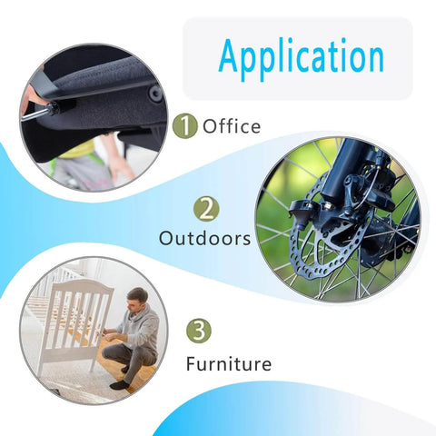Applications of flat head hex socket cap bolts for office, outdoor bikes, and furniture like cribs shown in collage format.