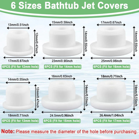 36 Piece Bathtub Jet Covers Set In 6 Sizes Fits 12mm 13mm 14mm 15mm 16mm And 17mm Hole showing universal silicone tub drain plugs