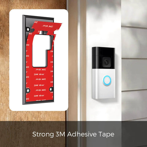 No Drill Doorbell Mount With Mega Strong 3M VHB Adhesive Battery Video Doorbell Holder For Renters And Offices Damage Free Wall Mounting Plate Easy Install Accessories Kit For Quick Setup displayed with adhesive and installed on wall