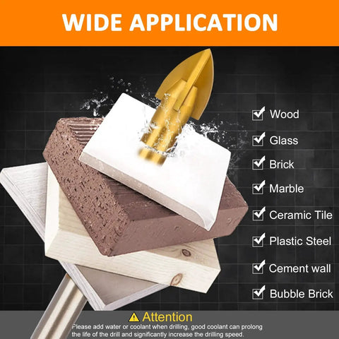10 Piece One Quarter Inch Masonry Drill Bit Set Titanium Coated Carbide for various materials, shows versatility with wood and tile.