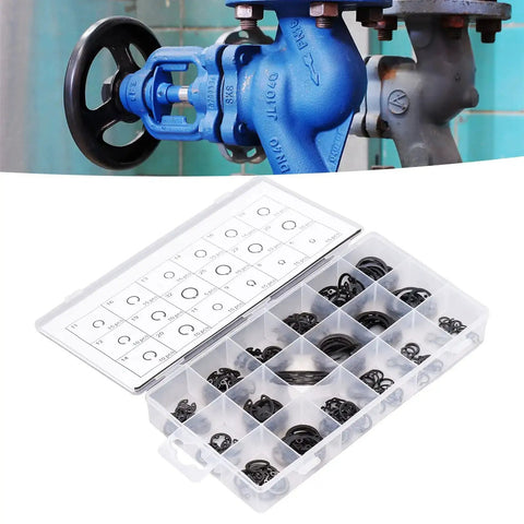 225 Pcs Circlip Snap Ring Kit Retaining Clip Fastener Set For Machinery And Rigs High Temp Rubber Alloy Steel Durable Open End Design For Quick Groove Snaps And Secure Easy Fit, shown in plastic compartment box with detailed size chart.