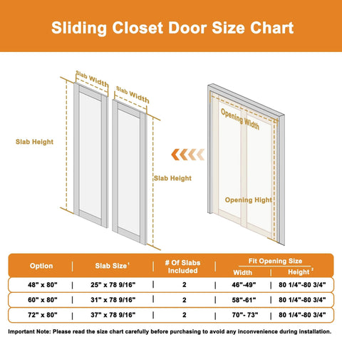 Sliding closet door size chart showing slab and opening dimensions for various door sizes.