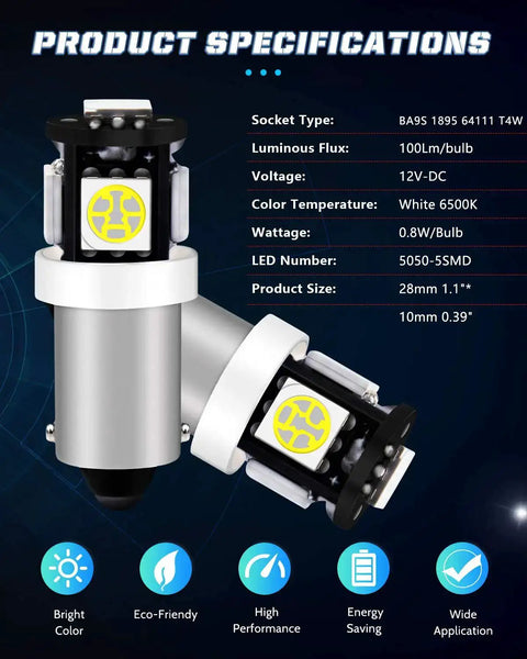Diagram of 12V White BA9S LED Bulb for Car Interiors showing 5050 chips and product specifications