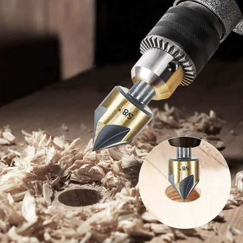 Countersink Drill Bit Set Five Piece Pro Grade With Hex Shank 82 Degree Countersink For Flush Screws In Wood Metal Plastic Includes Sizes One Quarter Three Eighths One Half Five Eighths Three Quarters With Case, 3/8 size drilling into wood close-up.