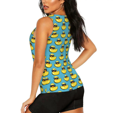 Sunglasses Print Tank Top For Women, Dry Fit Sleeveless Workout Tee with yellow duck print, breathable quick dry mesh in black