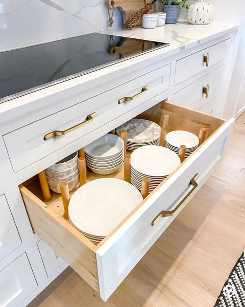 Kitchen drawer with 12 Pack 3 Inch Large Oval Antique Brass Cabinet Drawer Pulls For Dresser Cupboard Wardrobe With Single Hole Mount Retro Bar Handle Vintage Bronze Hardware For Kitchen And Furniture, showing organized plates.