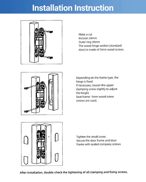 Installation instructions for Upgraded Invisible Door Hinges 2 Pack Black 6 Inch Concealed Hidden Hinges.