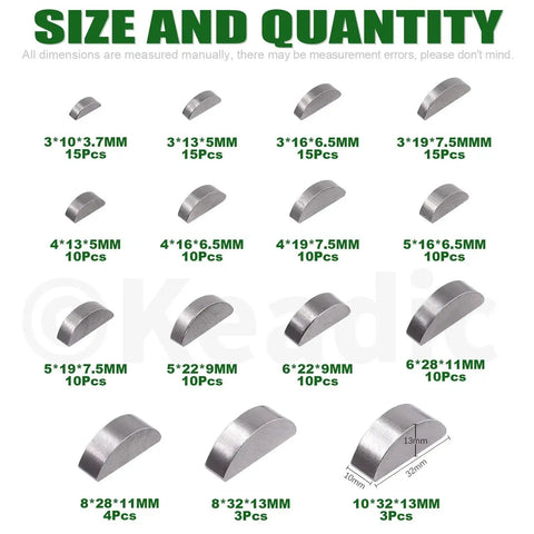 Size chart of Woodruff Key Assortment Pack 150 Pcs In 15 Metric Sizes Carbon Steel Half Moon Keys for shafts, pulleys, and cranks.