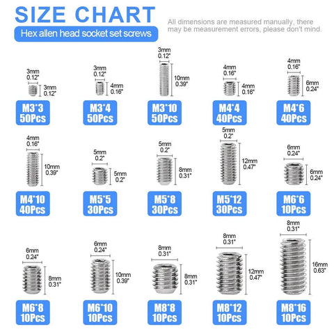 Size chart for 420 Piece M3 M4 M5 M6 M8 Allen Head Socket Set Screws Stainless Steel Internal Hex Drive Grub Screw Assortment