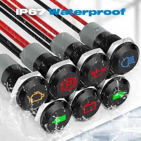 Waterproof Metal LED Indicator Light Set For Dash Panel Mount 12V 24V Half Inch Cutout 7-Piece Kit with signals and indicators