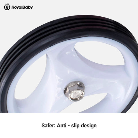 Close-up of black rubber tire on Training Wheels For 12-18 Inch Kid Friendly Bikes With Heavy Duty Steel Brackets And Quiet Rubber Tires.
