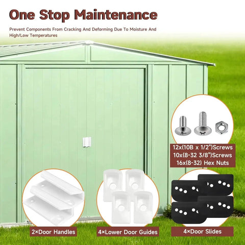 Door Tune-Up Kit For Arrow Shed Sliding Doors Full Replacement Set With 4 Lower Door Guides, 4 Door Slides shown with shed