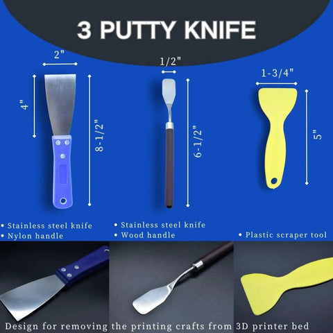 All In One 24 Piece 3D Printer Tool Kit with three putty knives, nylon handle, wood handle, plastic scraper tool dimensions shown