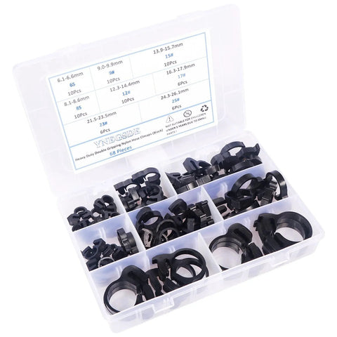 Heavy Duty Ratcheting Hose Clamp Set 6.1 To 26.1 Mm Adjustable Nylon Plastic Double Snap Grip 8 Size Kit With 68 Pieces