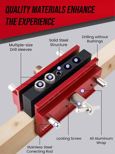 Self Centering Doweling Jig Kit With 6 Drill Guide Bushings For Precise Straight Holes, Pro Grade Build With Heavy Duty Aluminum Sides And 40CR Plate, Steel Screws, Built To Last, Ideal For Cabinetry And Woodworking Projects on a wooden plank