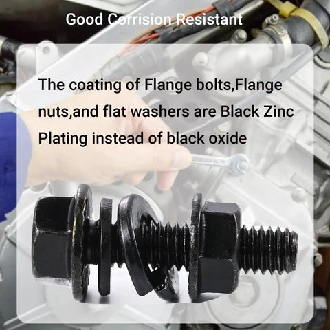 Dope Metric Flange Bolt And Nut Kit For Auto Work, M6x1.0 And M8x1.25, Black Zinc Plating, shown with hand in automotive setting.