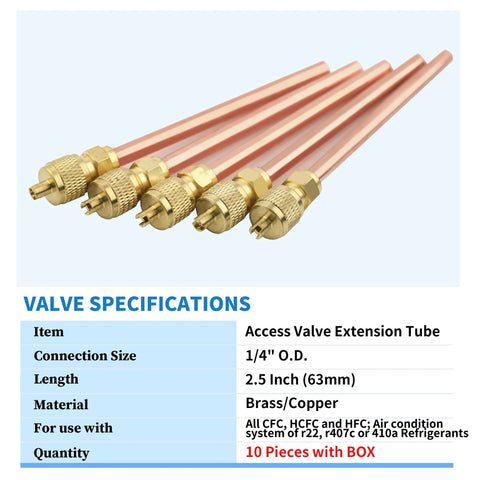 10-piece WISSCOOL 1/4 inch Schrader access valve extension tubes, copper body with brass fittings, 2.5 inches long in plastic box
