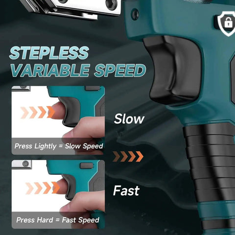 Close-up of Beast Mode Cordless Sheet Metal Cutter's variable speed control showing slow and fast settings