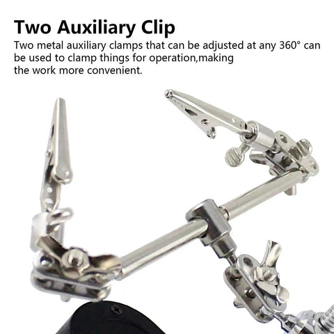 Close-up of metal alligator clips on the 3.5X12X Helping Hands Soldering Station With LED Light And Alligator Clips, Magnifier Stand.