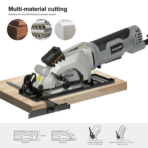 Powerful Corded Four Amp Circular Saw With Laser Guide And Bevel Cuts on wooden board