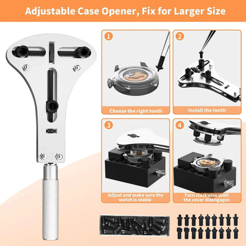 Adjustable case opener from Deluxe 155 Piece Watch Repair Kit With Carrying Case Pro Grade Do It All Tools For Battery Replacement