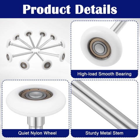Product details of Quiet Nylon Garage Door Rollers 10 Pack 1.8 Inch Wheels With 4.7 Inch Stems showing wheels and metal stem close-up