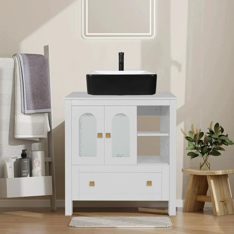 Bathroom vanity with white cabinet featuring Champagne Bronze Cabinet Knobs Set 10 Pack For Kitchen Cabinets And Drawers, brushed square design.