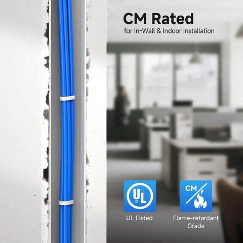 UL Listed 10Gbps In Wall Cat6 Cable 23 AWG Bare Copper Solid Bulk Ethernet Cord 500 Ft UTP CM Rated Blue installed in office wall
