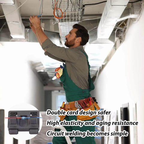 Electrician installing wires in ceiling with inset image of circuit welding connector and safety features highlighted.