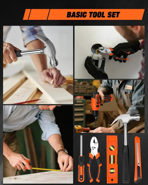 139 Piece Tool Set With 8V Cordless Drill Driver In Sturdy Toolbox Case, showing tools in use and organized layout