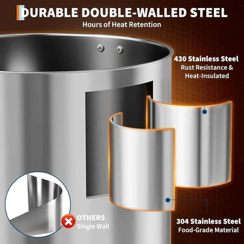 Close-up of a Massive 110 Cup Commercial Coffee Urn With Double Wall Insulation 16 Liter 4.2 Gallon Stainless Steel Beverage Dispenser showing double-walled steel construction.