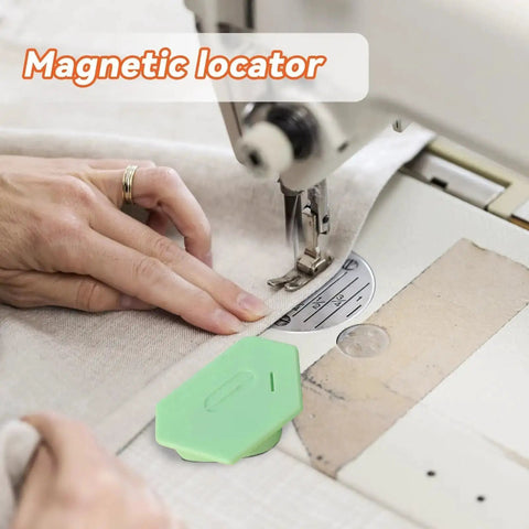 Green Upgraded Magnetic Seam Guide for Sewing Machines with Polygonal Design, placed next to fabric on a sewing machine.