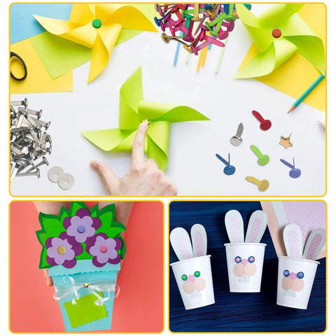 200 Piece Colorful Mini Paper Brads With Silver Washers And Hole Punch Pliers Set For Crafting Scrapbooking DIY Projects