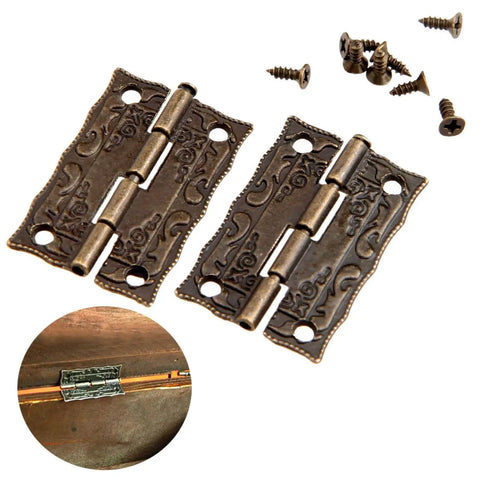 Antique Bronze Small Hinges Set 2 Pcs Engraved Decorative Hinges For Wooden Boxes Jewelry Boxes Dollhouses Gift Boxes Toy Chests Cabinets Bird Houses