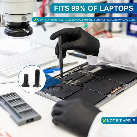 Technician using Laptop Screw Kit 450 Pcs M2 M2.5 M3 Countersunk Flat Head Phillips set to repair laptop.
