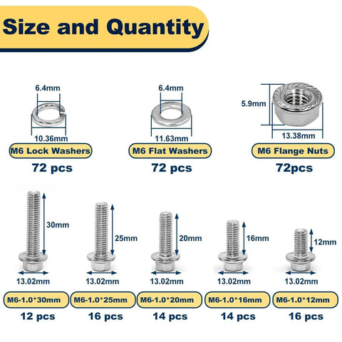 Size chart for Beefed-Up Heavy Duty 1/4-20 Stainless Steel Flange Bolts Kit with various washers and nuts