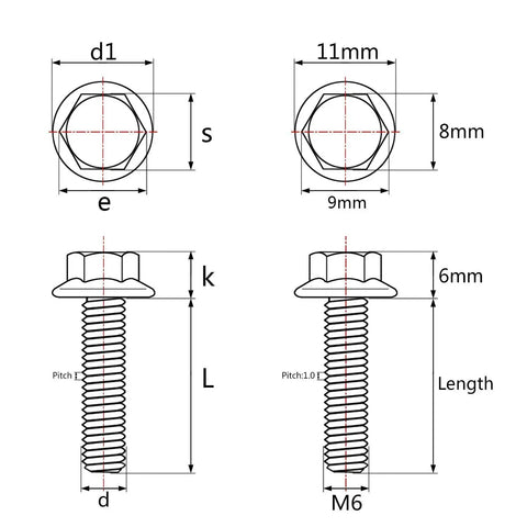 Technical diagram of Titanium Flange Bolts M6x10mm Set of 4 for Motorcycle and Bicycle Grade 5 6Al4V Ti Alloy.
