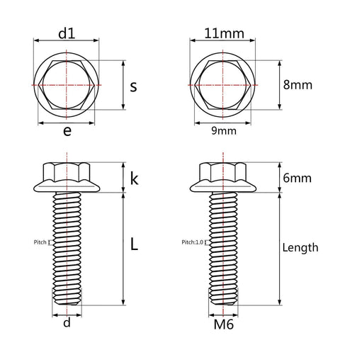 Diagram of Ultra Lightweight Titanium Flange Bolts M6x15mm Grade 5 6Al4V For Motorcycle And Bike Use Pack Of 4 showing dimensions.