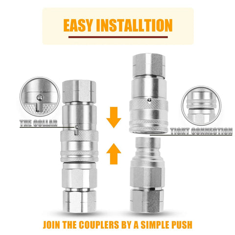 Two 1/2 in NPT flat-face hydraulic quick-connect couplers with knurled collars, metal silver, for skid steer connections.