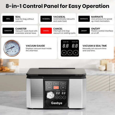 Gasbye chamber vacuum sealer, stainless steel body with black front panel and built-in gauge (front view)