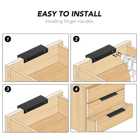 Installation guide for 6 Pack Finger Edge Pulls For Cabinets 80mm Length Matte Black Concealed Cabinet Handles, showing easy mounting steps.