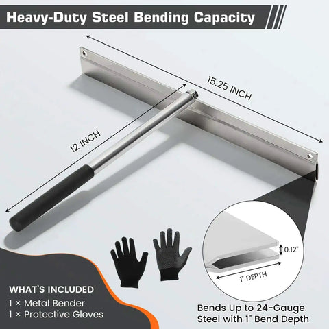 Heavy Duty 15.25 Inch Sheet Metal Folding Hemming Tool Handheld Bender For Standing Seam Roofing Panels And HVAC Duct Work With Handy Sight Holes Folds Up To 24 Gauge Steel And One Inch Depth, with handle and included gloves