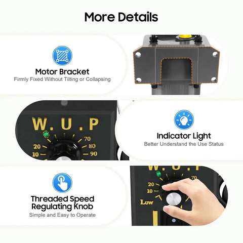 Details of 250W 110V AC Gear Motor With Variable Speed Controller; showing motor bracket, indicator light, and speed knob.